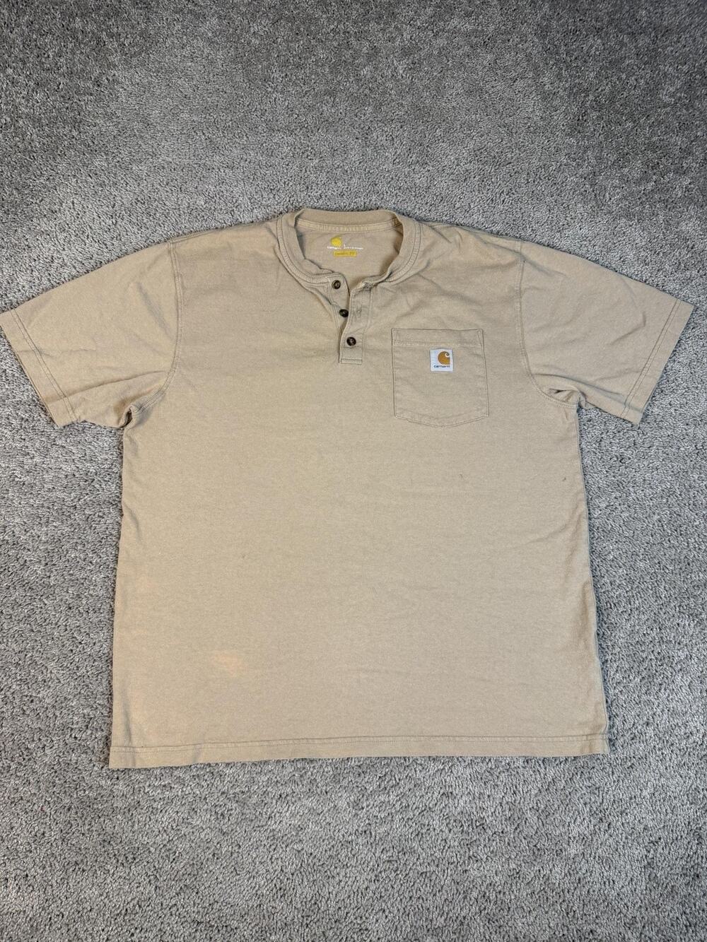 Carhartt Shirt Mens L Beige Henley Pocket Logo Cotton Tagless Short Sleeve